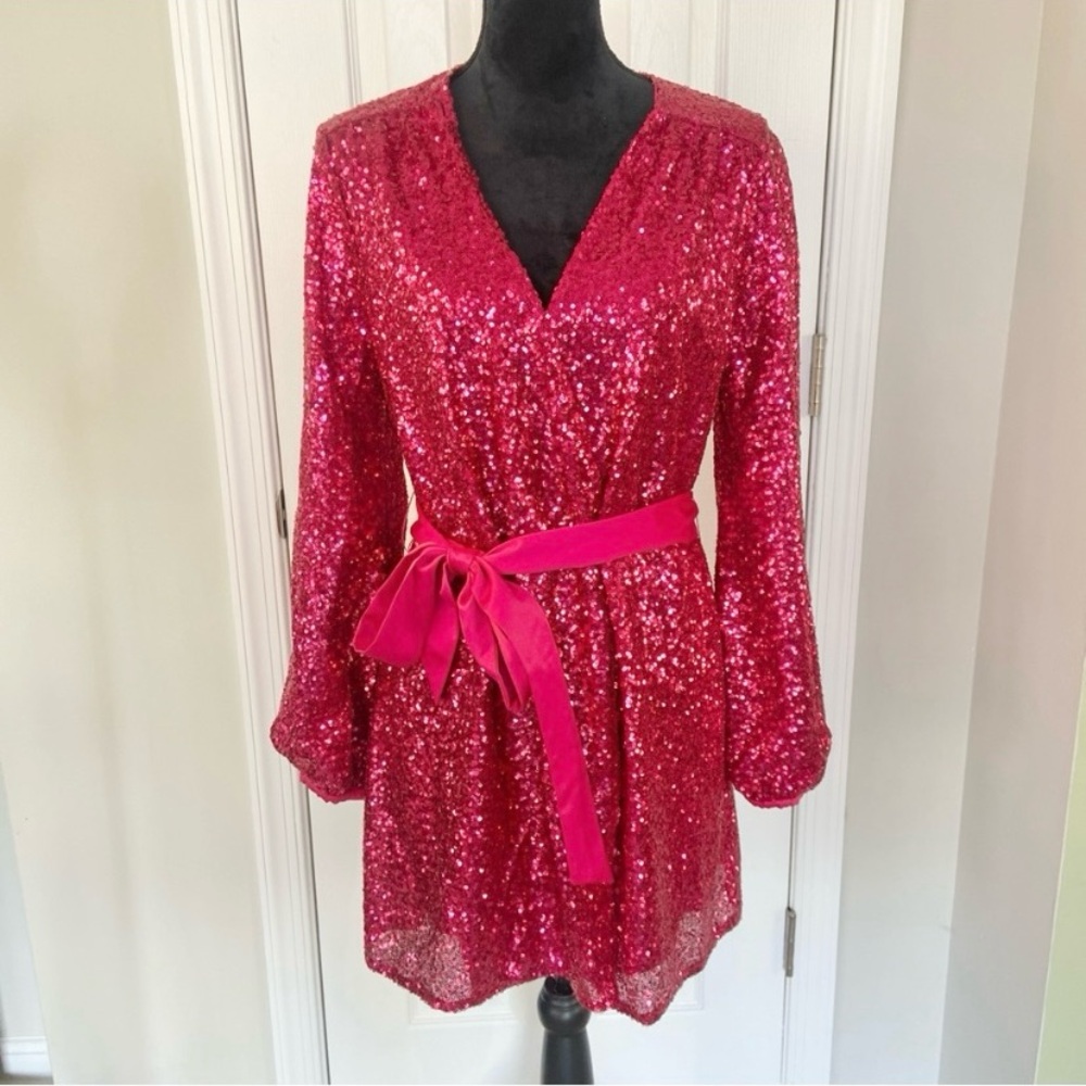 Express x Olivia Culpo Red Sequin Wrap Mini Dress Size Small